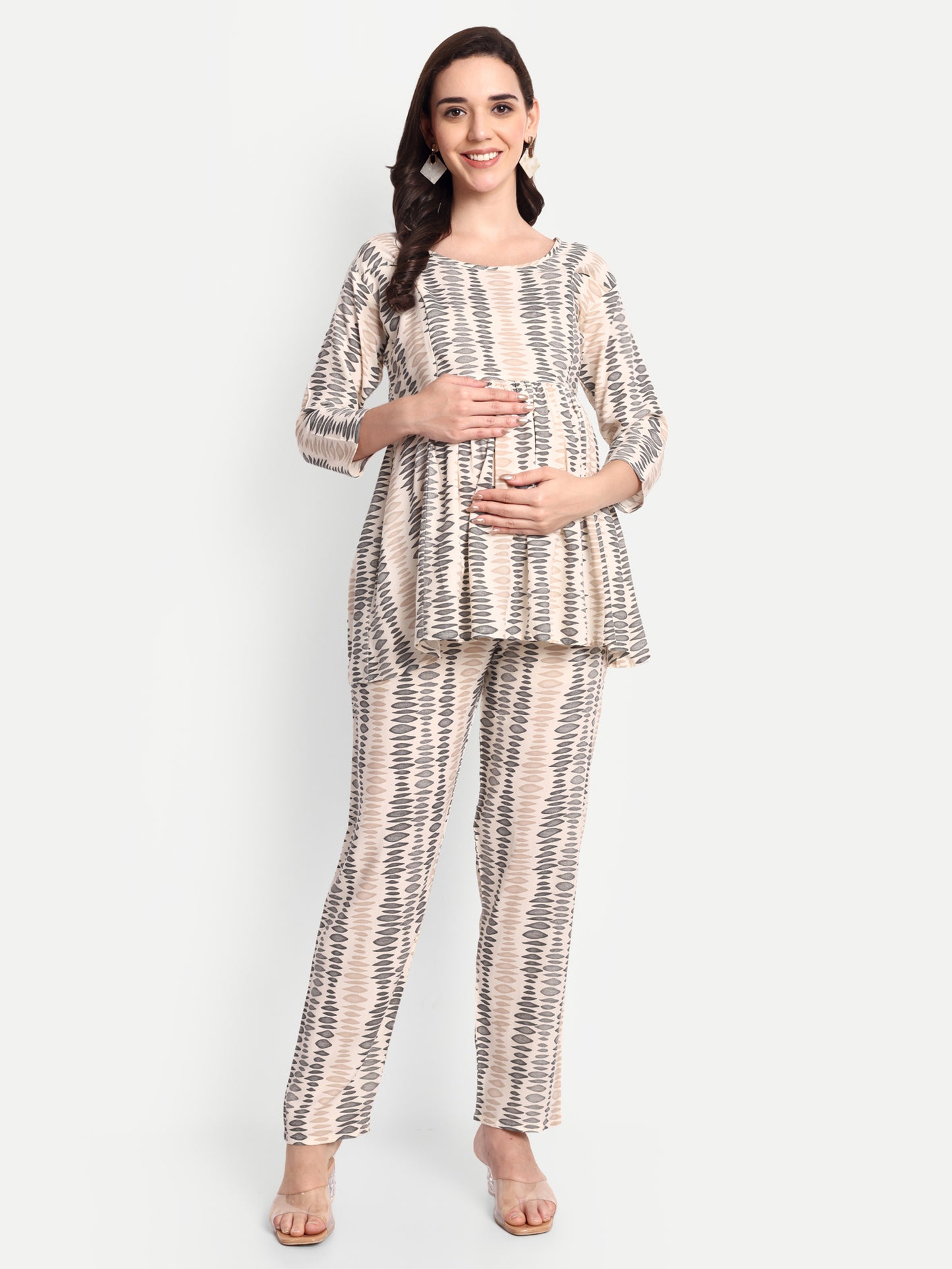 Beige printed Maternity & Nursing Co-ord set