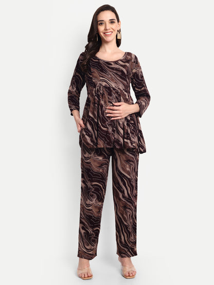 Brown printed Maternity & Nursing Co-ord set