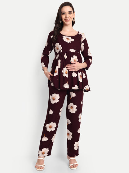 Maroon Flower Maternity & Nursing Co-ord set