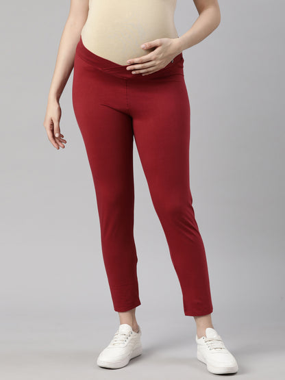 Maroon maternity comfy pants with slim leg and adjustable waistband