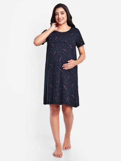 Navy Sprinkle Maternity and Nursing lounge Short Nighty