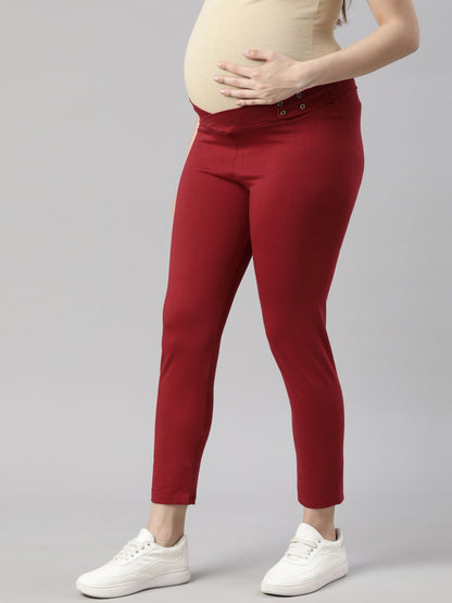 Maroon maternity comfy pants with adjustable waist and tapered ankle fit