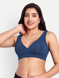 Maternity lounge bra in mid blue with V-neck and crossed wrap front