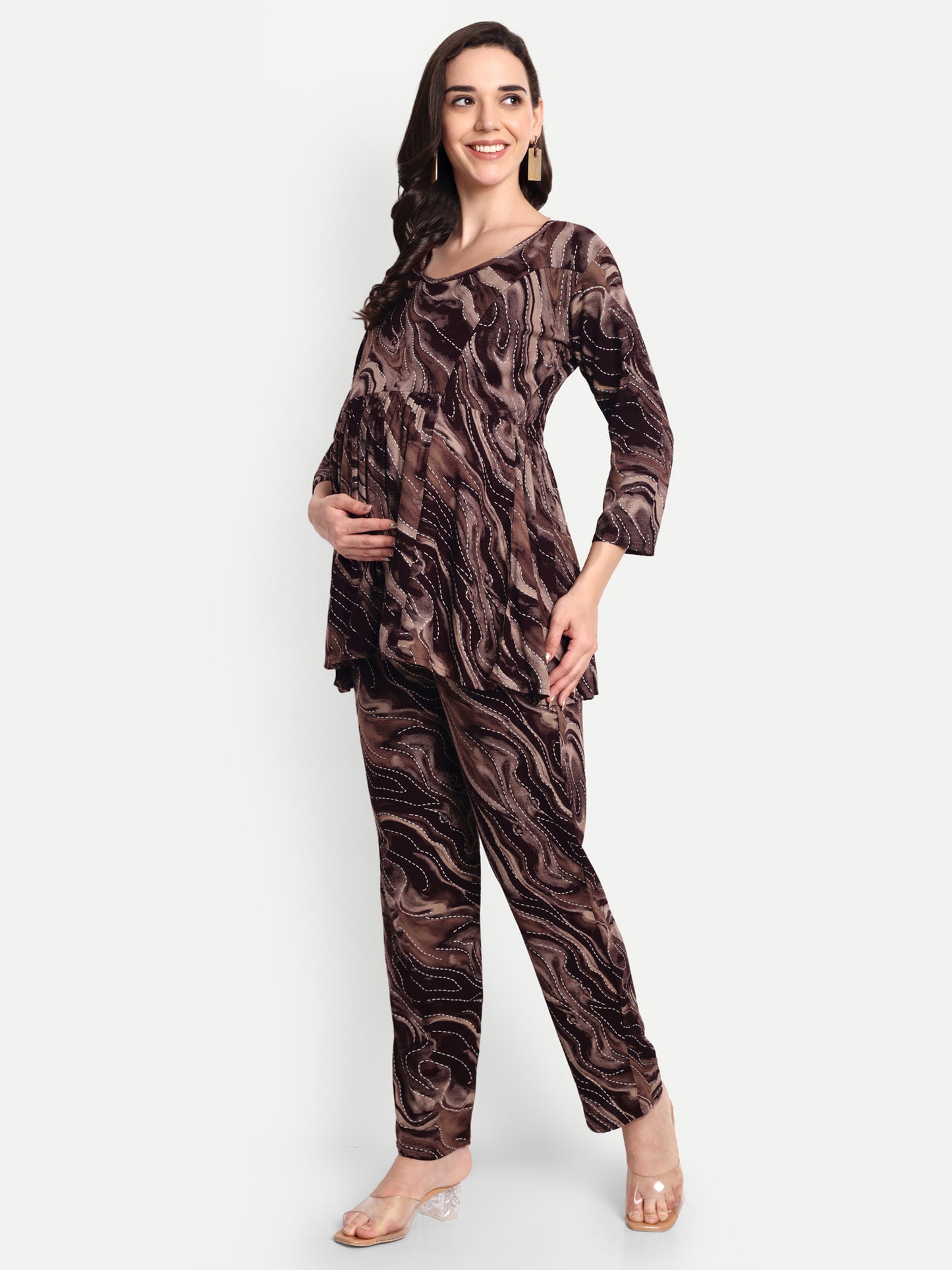 Brown printed Maternity & Nursing Co-ord set