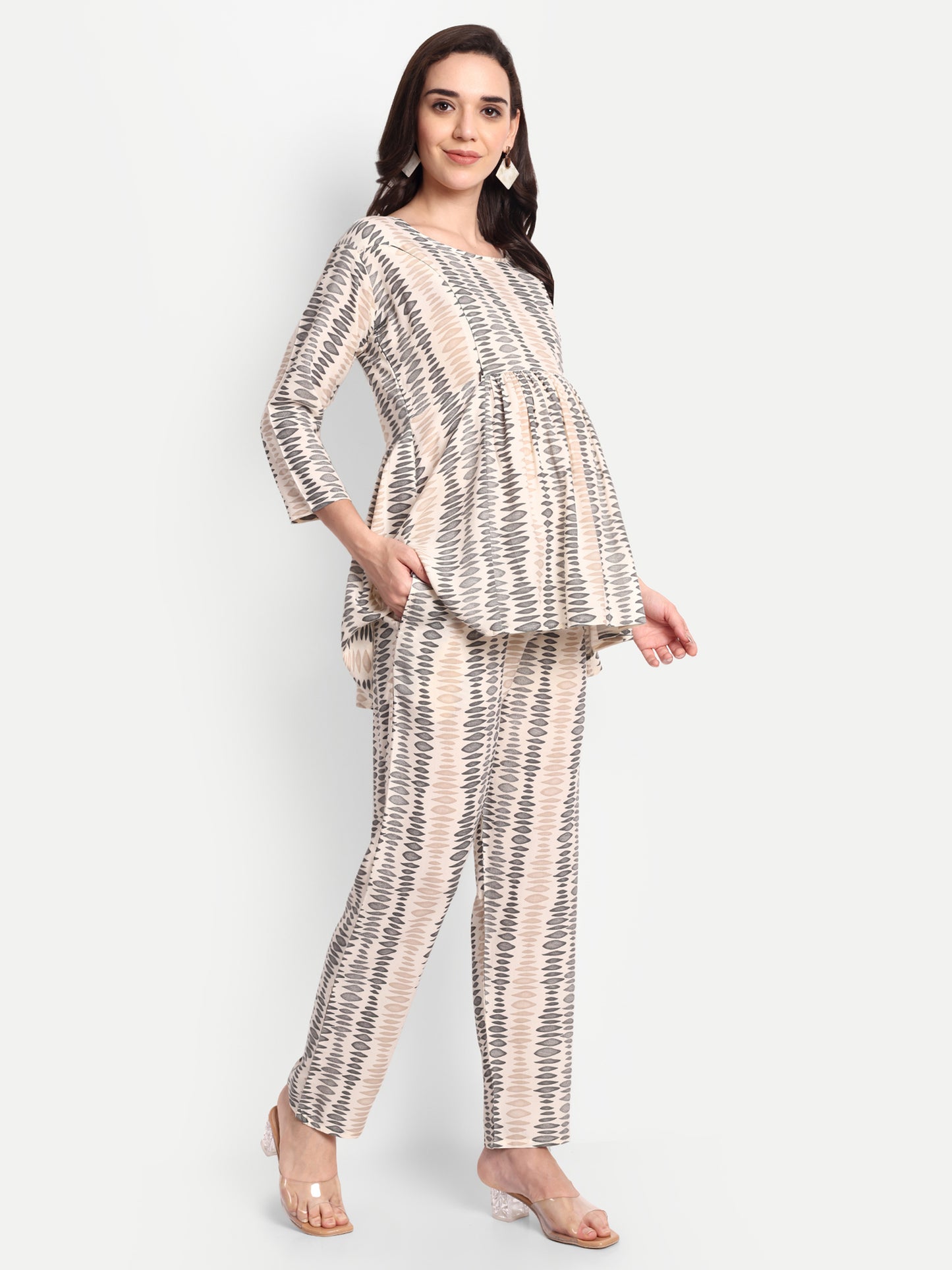 Beige printed Maternity & Nursing Co-ord set