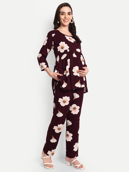 Maroon Flower Maternity & Nursing Co-ord set