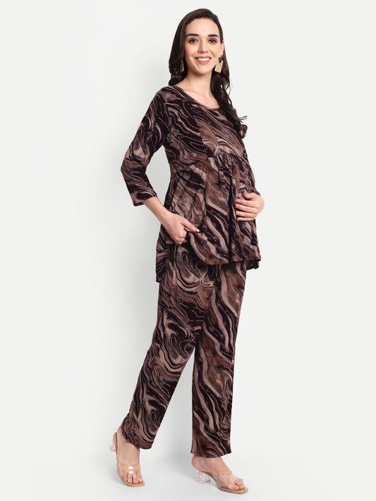 Brown printed Maternity & Nursing Co-ord set