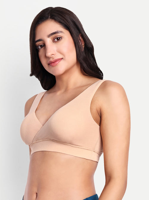 Skin beige maternity lounge bra with wide straps and V-neck bralette fit