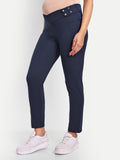 Navy maternity comfy pant with button-adjustable waist and ankle-length slim legs