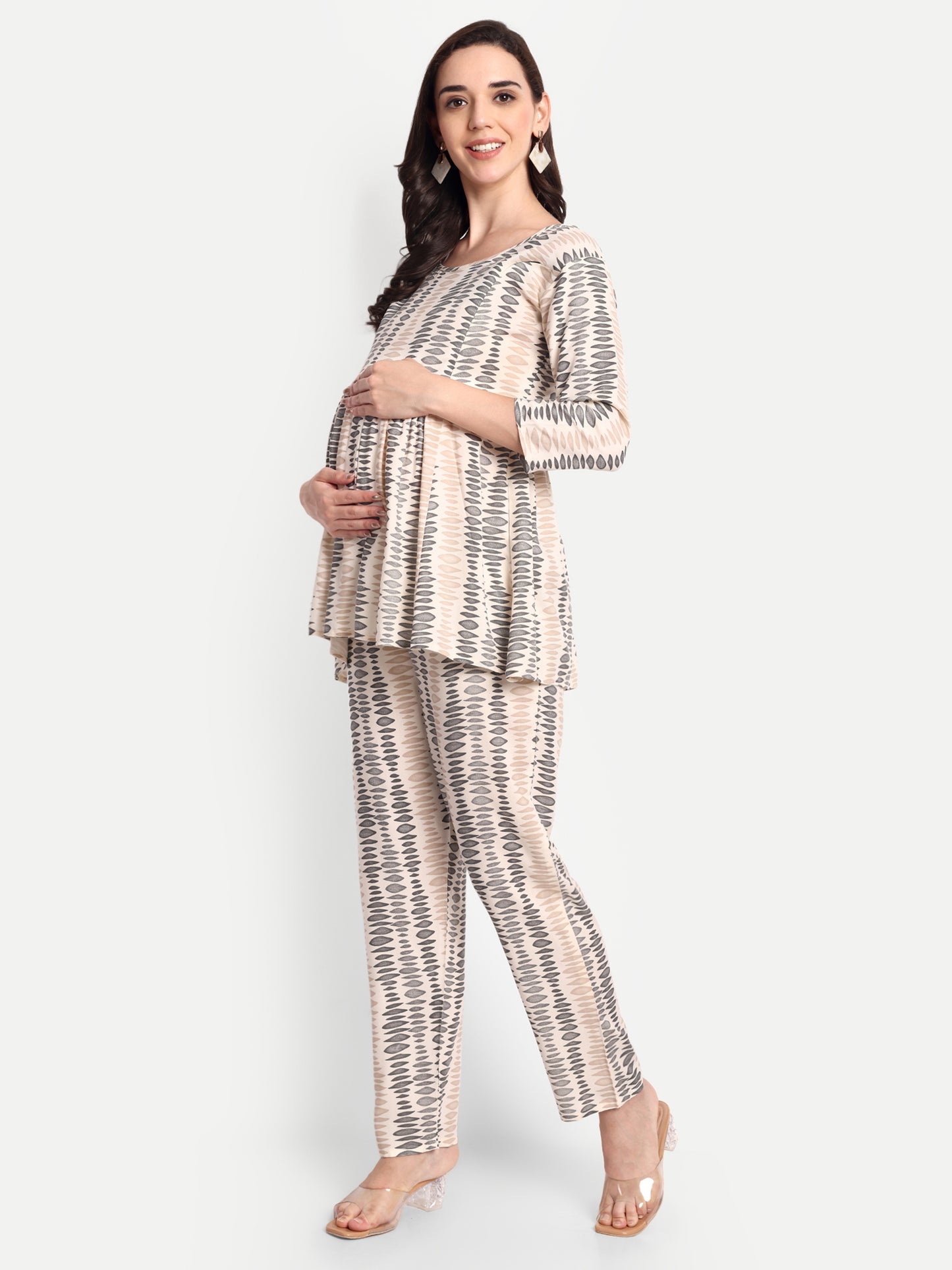 Beige printed Maternity & Nursing Co-ord set