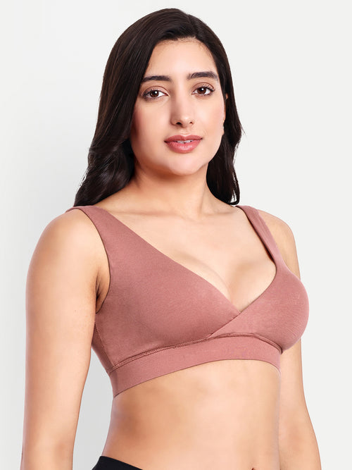 Maternity lounge bra with removable cups, coral rose V-neck
