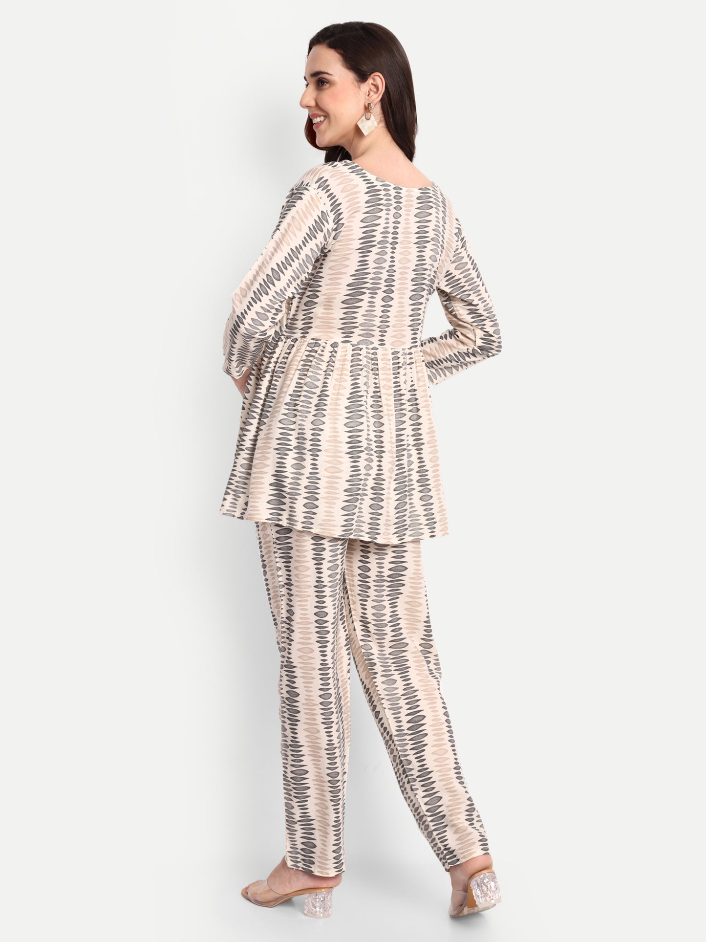 Beige printed Maternity & Nursing Co-ord set