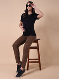 Brown maternity pants with adjustable waist, side view and ankle hem