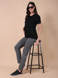 Grey maternity pants with straight leg and adjustable waistband, ankle length
