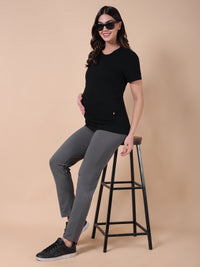 Grey maternity pants with straight leg and adjustable waistband, ankle length