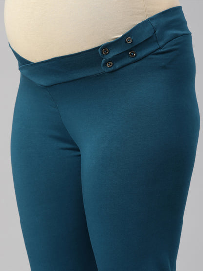 Maternity pants waist panel in deep blue with adjustable button placket detail