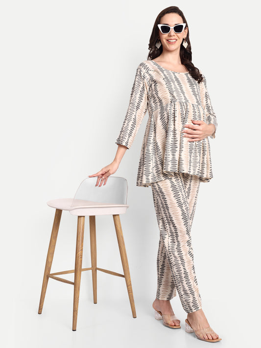 Beige printed Maternity & Nursing Co-ord set