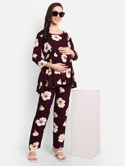 Maroon Flower Maternity & Nursing Co-ord set