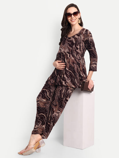 Brown printed Maternity & Nursing Co-ord set