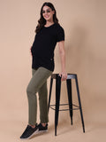 Olive green maternity pants with relaxed fit and straight tapered leg