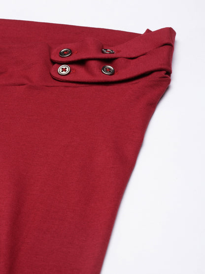Maroon adjustable waist panel with multi-button placket and grommets