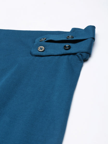 Deep blue maternity pants waistband with double button placket and metal eyelets