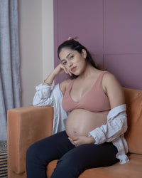 Maternity lounge bra with removable cups, coral rose V-neck front view