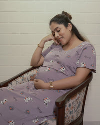 Mauve bunny-print lounge nighty on seated model with relaxed drape